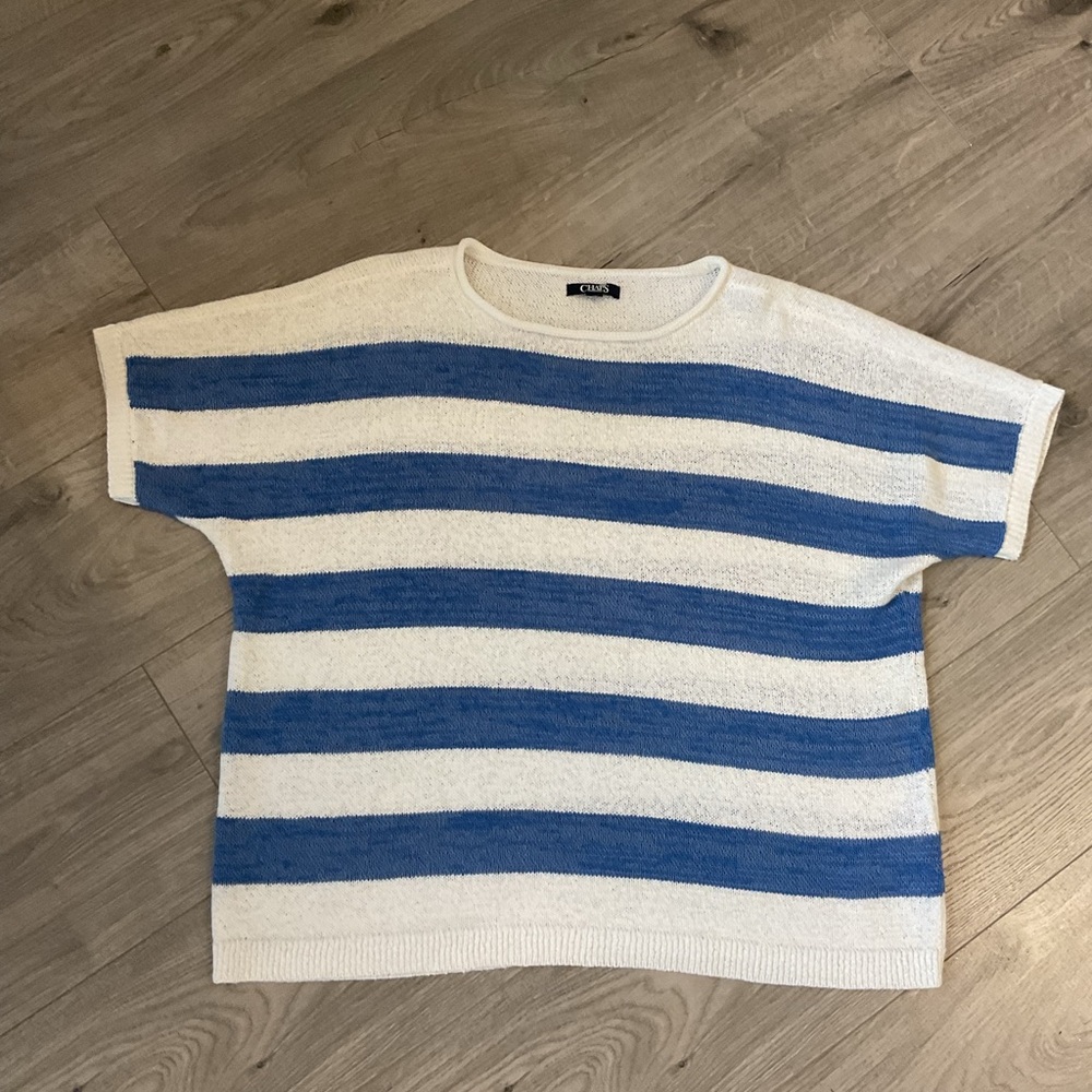 Chaps Airy Crewneck Sweater with Blue and White Stripes